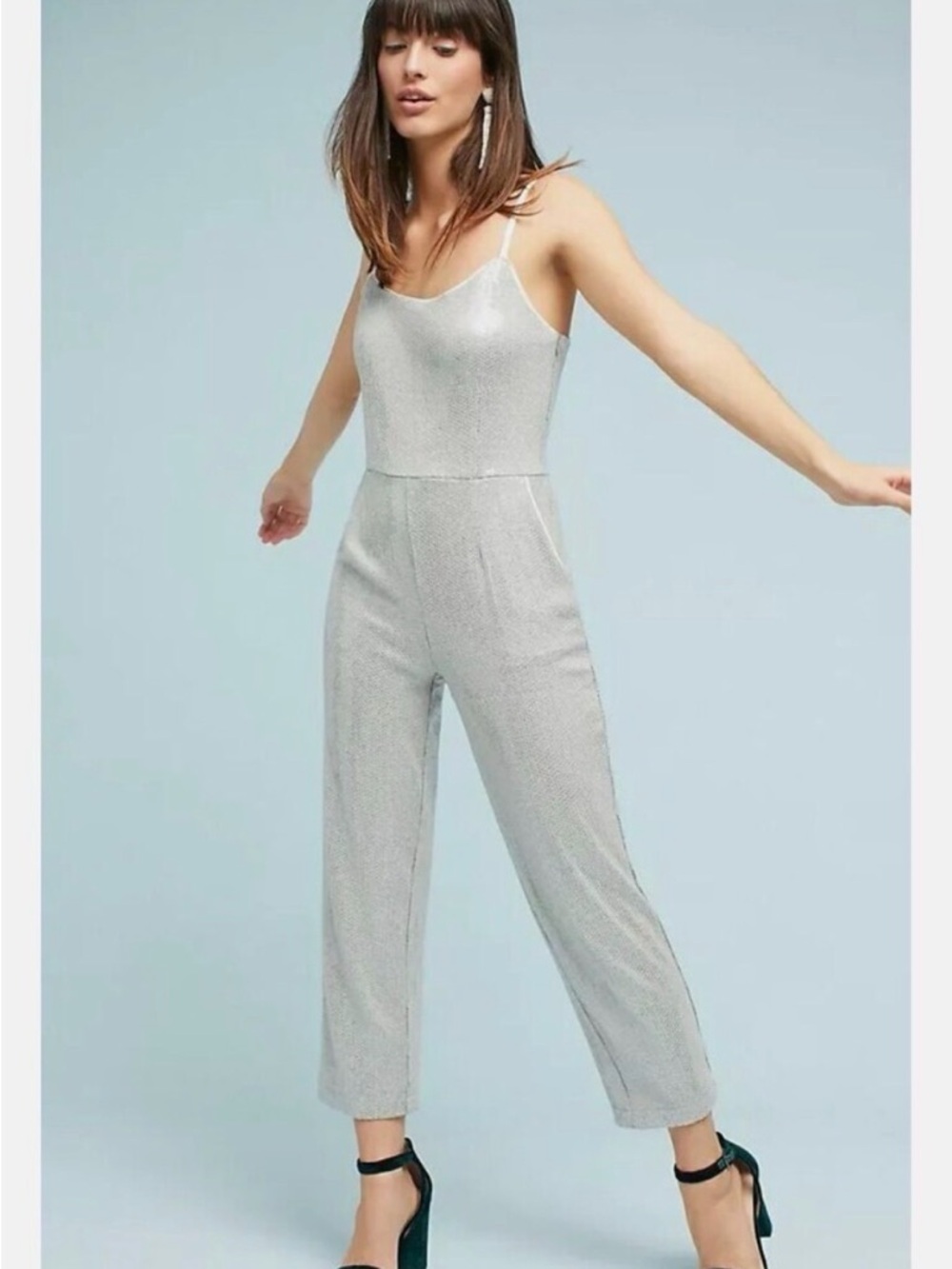 Anthropologie Silver Metallic Spaghetti-Strap Jumpsuit